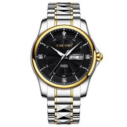 A stylish two-tone stainless steel watch with a black dial, day and date display, and gold-tone accents. The watch features a classic round case and a durable bracelet strap.