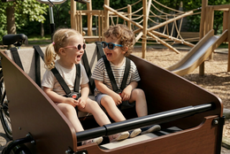 Beige Sunbrella cushion for cargo bike, weather-resistant fabric, neutral tan color, outdoor seating pad.