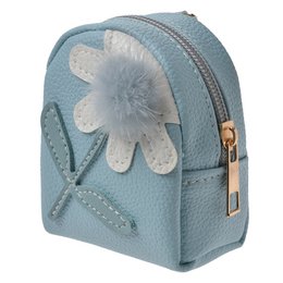 A small, light blue keychain with a fluffy white flower decoration and a zipper closure.