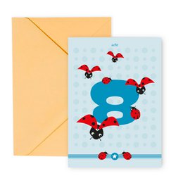 Eighth birthday greeting card with playful bat design in red and blue colors.