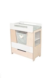 A white and natural wood dresser with a floral pattern on the drawers, suitable for a child's bedroom.

The dresser features a white and natural wood finish, with a floral pattern on the drawers. It has a rectangular shape and appears to be a piece of children's furniture, suitable for a kid's bedroom.