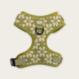 Adjustable green dog harness with white floral pattern, suitable for XXS to L sizes.