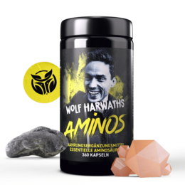 Essential amino acid supplement in a black container with an image of Wolf Harwatin on the label. Contains 360 capsules.