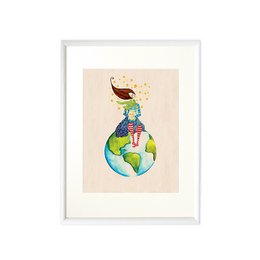 Colorful abstract wall art depicting a whimsical figure sitting on top of the world, surrounded by stars and planets. The artwork features a vibrant, playful style with a mix of warm and cool tones.