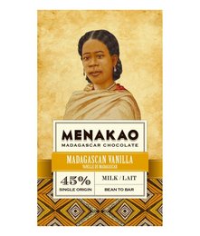 Madagascan vanilla (45% milk) chocolate bar with a creamy milk chocolate coating and a rich, aromatic vanilla flavor.