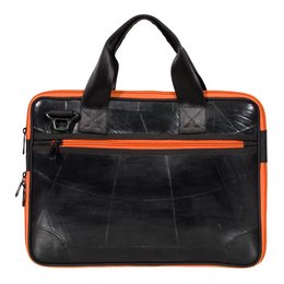 A black laptop bag with orange, blue, and turquoise zipper accents. The bag has a rectangular shape and appears to be made of a durable material, likely leather or a leather-like material. The bag has multiple compartments and pockets, suggesting it can hold various items in addition to a laptop.