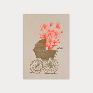 Postcard for the birth / stroller with flowers / eco-friendly paper