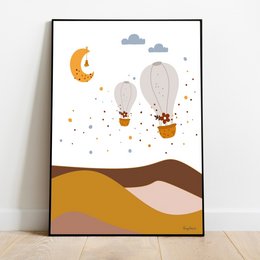 Colorful hot air balloon landscape poster with whimsical animals, clouds, and moon. Suitable for nursery or kids room decor.