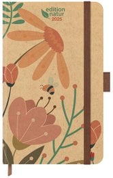 This wall calendar features a nature-inspired design with colorful floral illustrations and a whimsical bee motif. The calendar has a compact, hardcover format with a cork-like texture and a brown elastic closure.