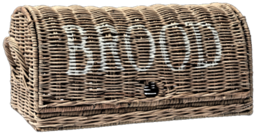 Woven wicker bread basket with handle, labeled 'BROOD'. Rectangular shape with curved lid. Suitable for storing and displaying bread or other baked goods.