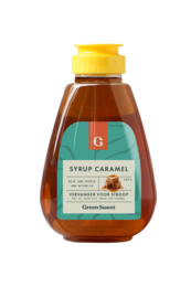 Caramel-flavored syrup, a sweet alternative to honey or traditional syrup, in a glass bottle with a yellow cap.