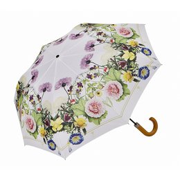 Floral umbrella with colorful flowers and leaves in a garden-inspired design. Wooden handle provides a natural accent.
