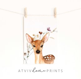 Deer poster, deer print, cute deer print, woodland animals nursery print, floral nursery print, wildflowers print, girls nursery poster, girls room poster