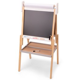 A wooden easel with a white chalkboard surface and storage shelves. Suitable for use as a children's art or educational toy.
