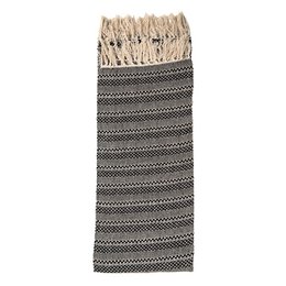 A rectangular decorative throw blanket with a striped pattern in shades of black and beige. The blanket has a fringed edge and appears to be made of a woven or knitted material.