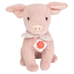 A plush pink pig toy with a floral scarf around its neck. The pig has a cute, friendly expression and appears to be a soft, cuddly stuffed animal.