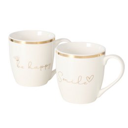 White ceramic mug with gold rim, "be happy" and "smile" text, heart design, 400ml capacity