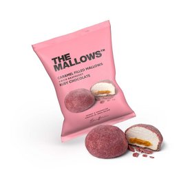 Caramel-filled marshmallows with ruby chocolate coating. Soft, chewy texture with a sweet, creamy filling and a vibrant pink exterior.