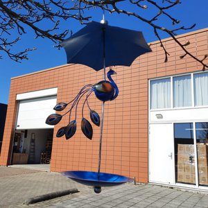 Vogelfutterhäusch mit Pfauen, Metall, Gartendekoration, Kunstbizniz, Blau, BW24199, 30x30x57 cm