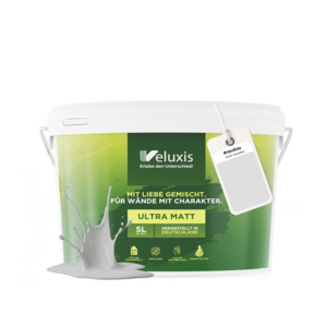 Veluxis® Wandfarbe Grau für den Innenraum - 5 Liter & Deckkraft-Klasse 1, Streifenfrei, tropfarm & Öko Farbe, VOC-frei - (Asian Noodles)
