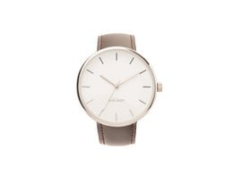Minimal steel watch with a clean, simple design featuring a white dial and a beige leather strap.