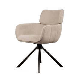  Beige swivel dining chair with woven texture and black metal base.