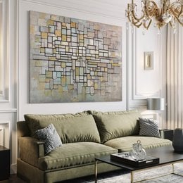 Rectangular abstract painting with geometric shapes in various shades of yellow, brown, and gray.