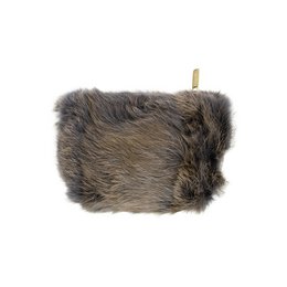 Gray faux fur makeup bag with rabbit design, measures 15cm in size.
