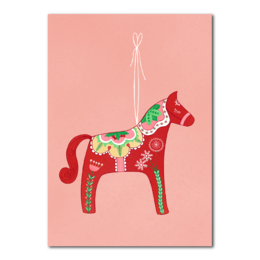 A festive Swedish horse Christmas card with a red and green patterned design, featuring a decorative horse figure.