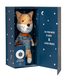  Soft, plush music box toy in the shape of a fox, with a nighttime-themed display case. Features a whimsical design and plays soothing music.