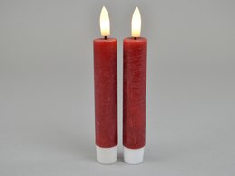  Burgundy LED stick candles, set of 2, dimensions 2.2 x 15 cm, with on/off and timer functions, powered by 1 AAA battery.