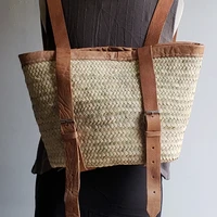 French Backpack Basket - Handwoven Palm Leaf with Leather Straps | 11.5"Hx16"W