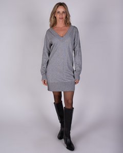 Women's knitted dress in gray melange long sleeves with V neck - LARVIK