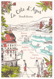 Colorful illustrated tea towel featuring the French Riviera landscape, including buildings, boats, and natural elements. Made of 100% cotton.