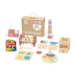  A 6-in-1 Montessori-style toy set for children aged 12-18 months, featuring wooden sorting toys, stacking rings, and other educational activities. The set includes 54 pieces made of safe, eco-friendly materials.