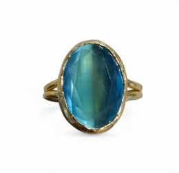  Seagreen oval glow stone ring, gold band, luminous teal gemstone, elegant stack ring jewelry