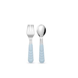  Toddler fork and spoon set in mist blue color, made of durable stainless steel with soft-grip handles for easy use by young children.