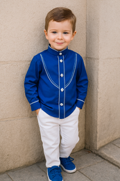 Blue button-up shirt with white trim and buttons, suitable for formal occasions.