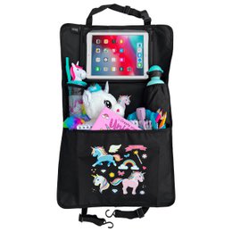  Black car seat organizer with unicorn design, ideal for storing and organizing items in the car. Features multiple pockets and compartments for storing toys, electronics, and other accessories.