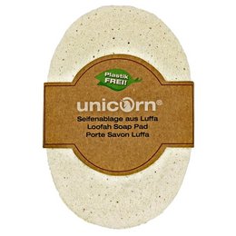 Oval-shaped soap dish made of natural loofah material, providing a gentle exfoliating surface for soap. Features the unicorn® brand logo.
