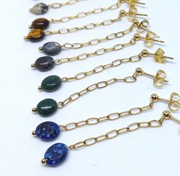 Dangle stud earrings with a variety of gemstones including lapis blue, sodalite dark blue, dalmation jasper, tiger eye, indian agate, labradorite, and amethyst. The earrings feature a gold-tone chain and clasp.