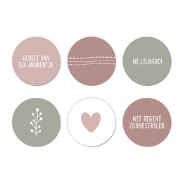 Set of 6 round coasters in neutral tones with minimal designs, including text and simple floral patterns. Suitable for everyday use or as a decorative accent.