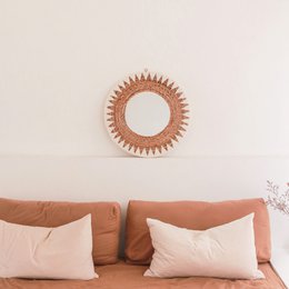 Specchio Boho rotondo 60 cm | Specchio da parete intrecciato fatto a mano AWAN | Decorazione da parete con motivo realizzato con cordoncini di cotone