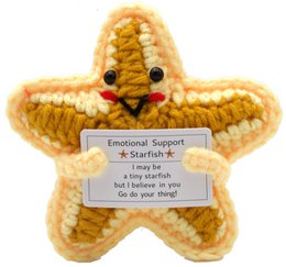  Plush starfish toy with a positive message. Soft, knitted construction in a bright yellow color. Suitable for children as a push and pull toy.