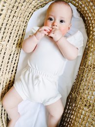 Creamy white ribbed bloomers for infants, available in sizes newborn to 18 months. Soft, comfortable cotton material in a classic style.