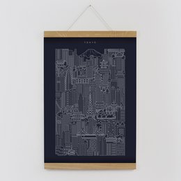 A black and white blueprint-style illustration of the Tokyo cityscape, featuring various architectural elements and geometric patterns.