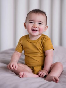 Short sleeve woolen bodysuit - Merino wool - Harvest Gold