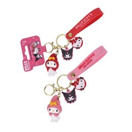 Cute 3D Hello Kitty and Melody keychains in pink and red colors, featuring character charms and text tags.