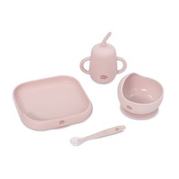 A 4-piece tableware set in silicone, featuring a pink color scheme. The set includes a plate, bowl, cup, and spoon, suitable for serving and dining.