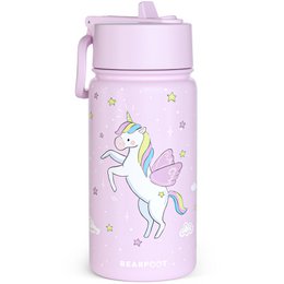 A stainless steel children's drinking bottle with a unicorn design in purple. The bottle features a unicorn illustration along with stars and other whimsical elements, making it suitable for kids.